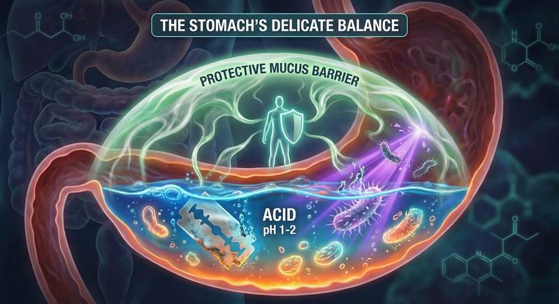 Stomach acid is extremely acidic—but the 'razor blade' line is misleading