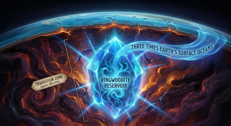 Deep within the Earth's transition zone, ringwoodite points to vast water stored in minerals