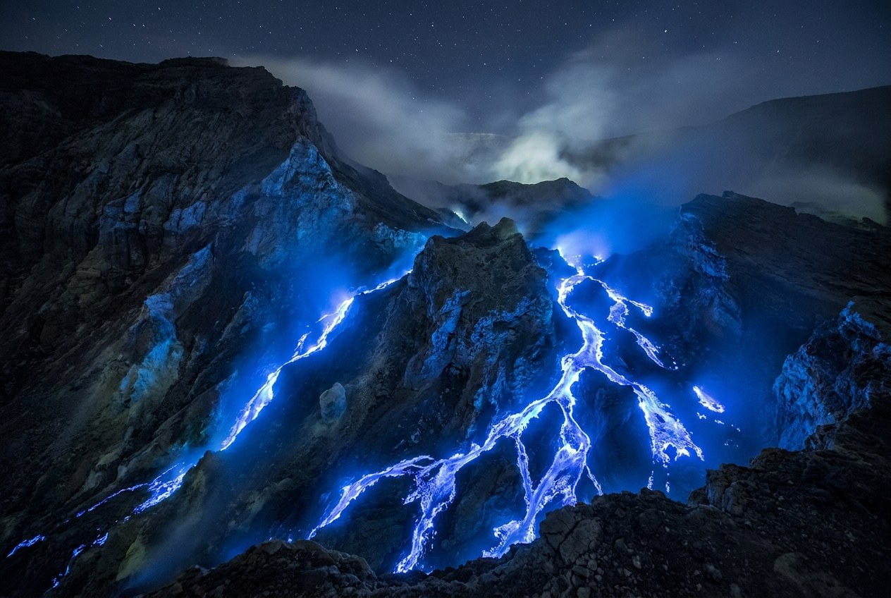 The Electric Blue Flames of Indonesia's Kawah Ijen Volcano Are Burning Sulfur, Not Blue Lava